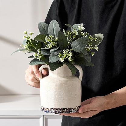 White Ceramic Vase with 2 Handles, 5.83 Inch Cute Retro Ice Cracked Flower Vase, Small Antique Vases for Modern Farmhouse Home Decor, Wedding, Living Room, Table, Shelf Decor, White