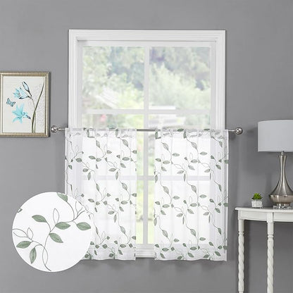 Tollpiz Sage Green Leaf Sheer Tier Curtain Leaves Embroidered Kitchen Curtains Rod Pocket Voile Bathroom Window Treatment for Cafe, 30 x 36 inches Long, Set of 2 Panels