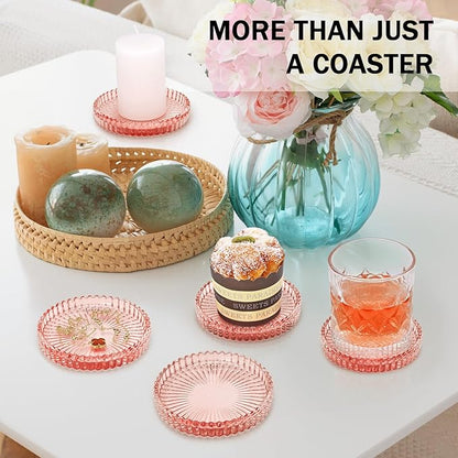 Modern Glass Coasters, GOH DODD Set of 6 Crystal Coasters Tabletop Protection for Drinks, Home Decor, Kitchen, Living Room, Patio, Wedding, Party, Housewarming Gifts, Clear Pink
