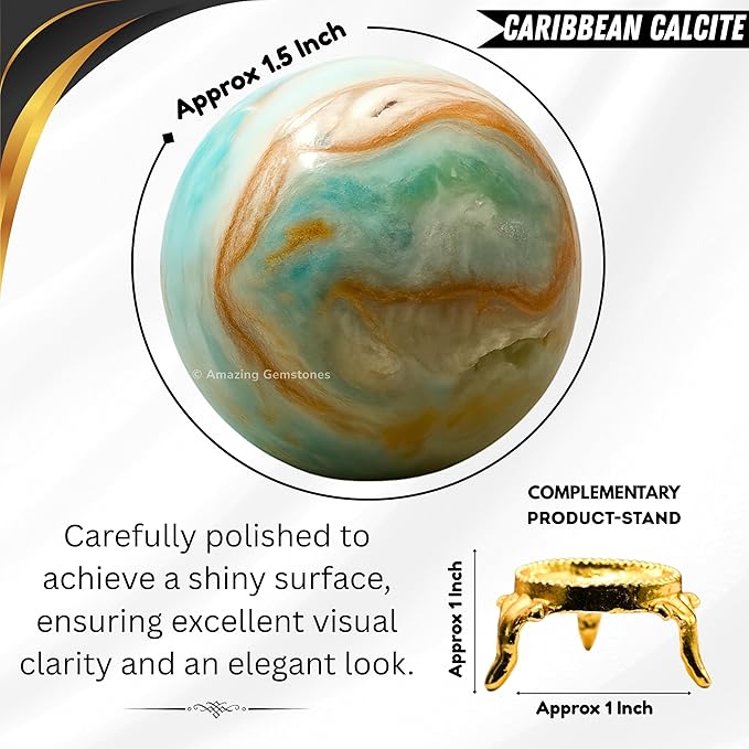 Amazing Gemstone Caribbean Calcite Crystal Ball with Stand - 1.5" Inches Crystal Sphere Meditation Balls for Witchcraft and Decorative Balls