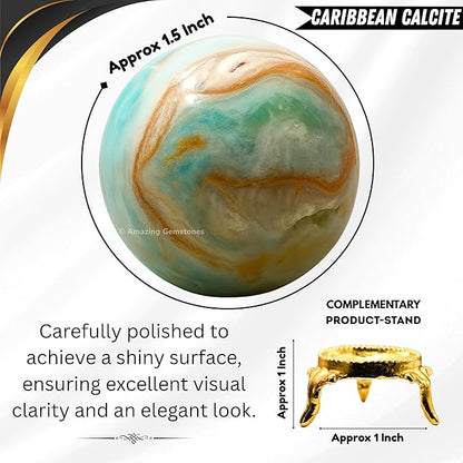 Amazing Gemstone Caribbean Calcite Crystal Ball with Stand - 1.5" Inches Crystal Sphere Meditation Balls for Witchcraft and Decorative Balls