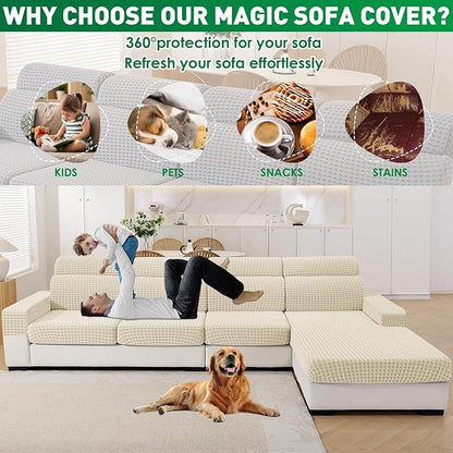 MAXIJIN Couch Cushion Covers for Sectional Sofa, Stretch Sofa Cushion Cover Washable Furniture Protector with Elastic Bottom & Non-Slip Strap for Pets Kids (3PC Seat Cover, Beige)