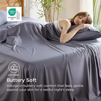 Bedsure Cooling Sheets for Full Size Bed, Viscose Derived from Bamboo, Deep Pocket up to 16", Breathable Soft Bed Sheets & Pillowcases, Dark Grey