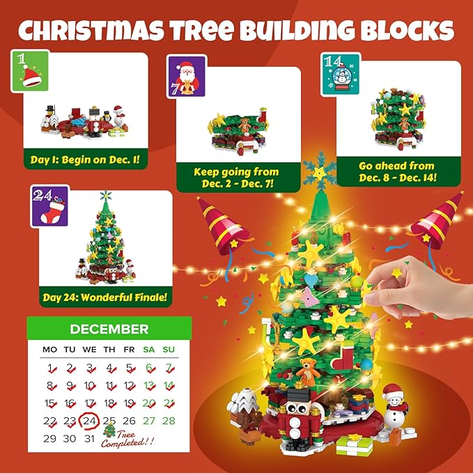 Advent Calendar 2025 Christmas Building Blocks Kit - Christmas Paradise Building Set with LED Light,24 Days Countdown Toys Building Set for Teen Boys Girls Gifts