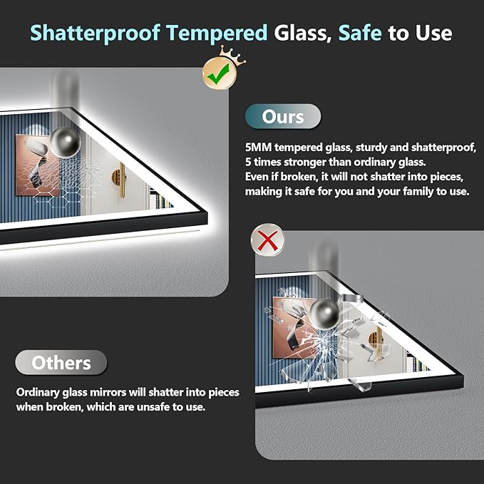 60x38 Black Framed LED Bathroom Mirror with Lights, Backlit & Front Lit, Anti-Fog Lighted Vanity Mirrors for Bathroom Wall, Dimmable, 3 Colors, Memory, Shatter-Proof, Tempered Glass, CRI＞90