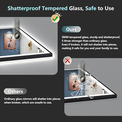 66x36 Inch Black Framed LED Bathroom Mirror with Lights, Backlit & Front Lit, Anti-Fog Lighted Vanity Mirrors for Bathroom Wall, Dimmable, 3-Color Light, Memory, Shatter-Proof, Tempered Glass