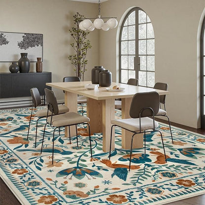 Moynesa Area Rugs 9x12 Retro Home Decor, Modern Bohemian Farmhouse Floral Bird Print Pattern Medallion Carpet for Large Living Room Bedroom Dining Room,Floor Protection Non-Slip Washable