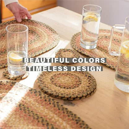 Homespice Russet Jute Braided Oval Placemats, Warm Country Decor, Set of 6, 13x19 Multicolor Table Mats - Vibrant Colors, Durable, Easy to Clean and Protects Furniture