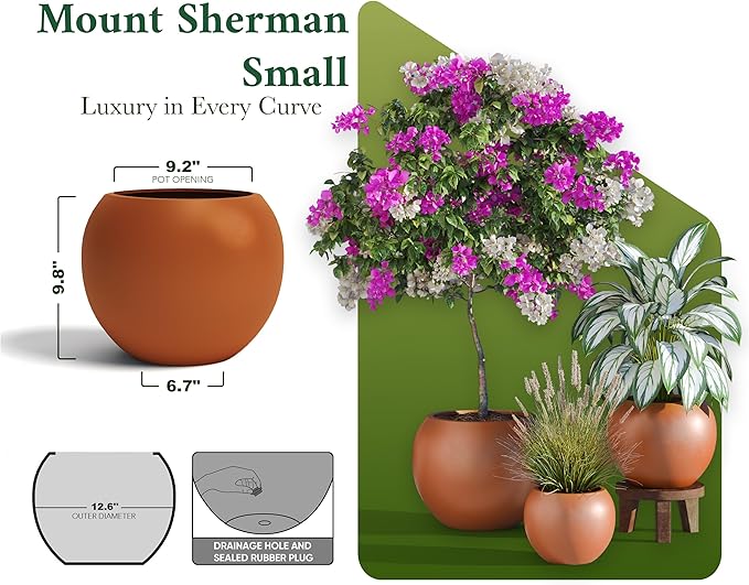 DTY Signature Mount Sherman Modern Indoor Outdoor Fiberstone Sphere Planter, Durable Round Garden Pot, Weather Resistant, Drainage Hole & Rubber Plug - Small, Terracotta