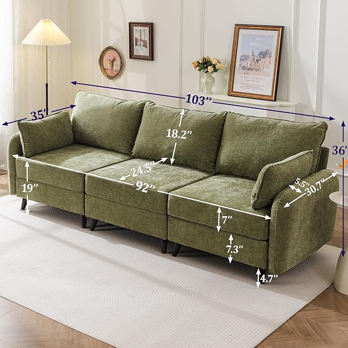 104'' Modular Sectional Sofa with Seats Storage, 3 Seater Sofa Couch with Deep Seat,Oversized Comfy Couch for Living Room,Bedroom,2 Throw Pillow,Chenille,Green