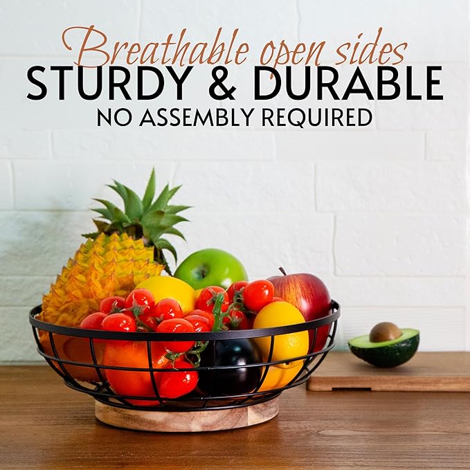 Fruit Basket,black Wire Basket with Acacia Wood Base,large Fruit Bowl for Countertop,black Baskets for Fruits, Breads, Vegetables Storage. (12-inch)