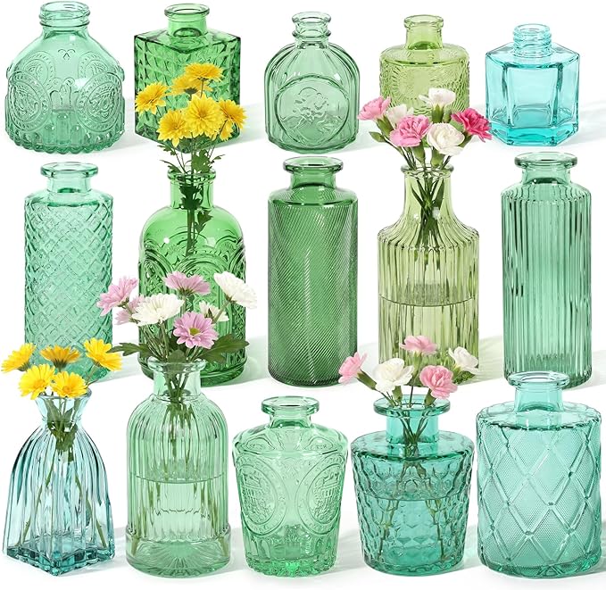 Set of 15 Green Colored Glass Bud Vases - Small Textured Flower Vases for Centerpieces, Wedding Table Decor, Retro Home Decor Bulk Vase Set for DIY, Events & Gifts