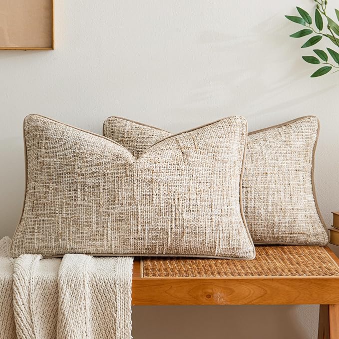 a moment Khaki Reversible Pillow Covers 2 Pack - Farmhouse Chenille Throw Pillows, Neutral Textured Decorative Throw Pillow Covers with Border for Couch Sofa Bed (12x20 Inch, No Insert)