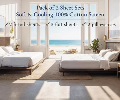 California Design Den 100% Cotton 2-Pack Twin Size Bed Sheets, Soft & Durable Twin Sheet Set Cotton with Deep Pockets, Twin Sheet Set with Sateen Sheets (Light Grey)