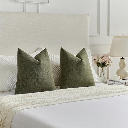 FUTEI Moss Green Chenille Decorative Throw Pillow Covers 22x22 Inch Set of 2,Soft Cozy Faux Linen Textured Cushion Case,Farmhouse Home Decor for Couch Living Room