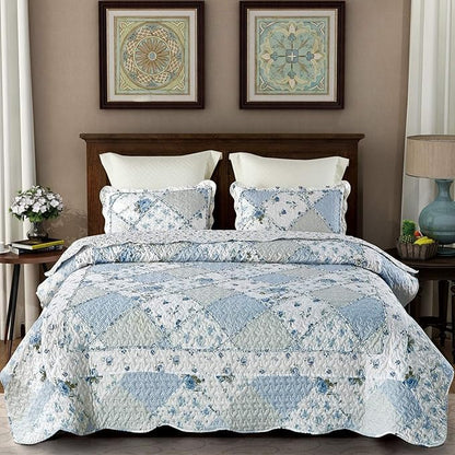 VIVILINEN Blue Floral Patchwork Quilt Set King Size Reversible Quilted Bedding Set with 2 Pillowcases