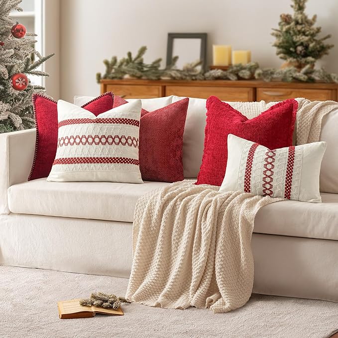 MIULEE Pack of 2 Christmas Red Couch Throw Pillow Covers 20x20 Inch Modern Boho Accent Decorative Pillow Covers Soft Chenille Farmhouse Cushion Covers for Home Decor Bed Sofa Living Room