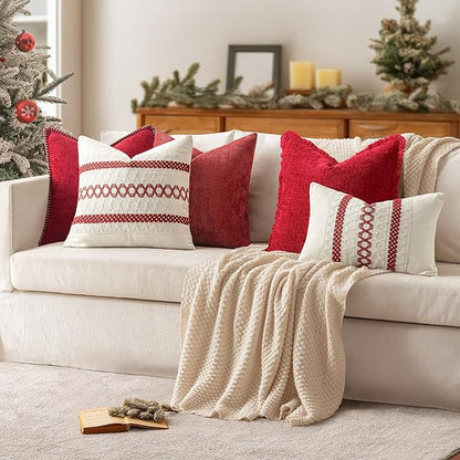 MIULEE Pack of 2 Christmas Red Couch Throw Pillow Covers 18x18 Inch Modern Boho Accent Decorative Pillow Covers Soft Chenille Farmhouse Cushion Covers for Home Decor Bed Sofa Living Room