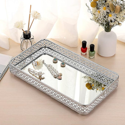 ELLDOO Perfume & Makeup Mirror Tray - Silver Metal Organizer for Dresser & Bathroom Countertop, Hollow-Carved Design Jewelry Storage Large Size 13.8" x 7.9"