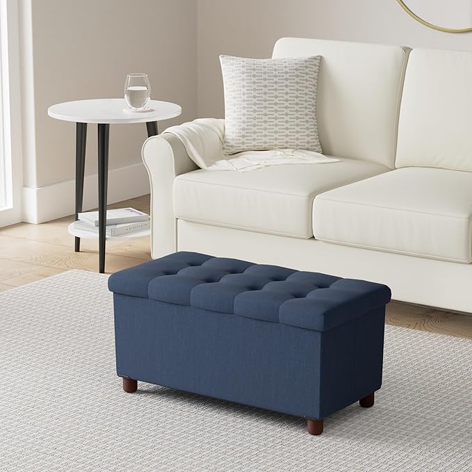 30 Inches Storage Ottoman Bench, Storage Bench with Wooden Legs for Living Room Folding Ottoman Foot Rest Removeable Lid for Bedroom End of Bed, Linen Fabric Blue