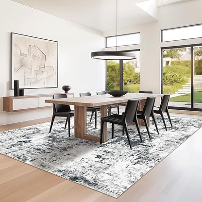 FMFUNCTEX 8x10 Washable Area Rug Black and Grey Neutral Abstract Modern Large Non Slip Carpet for Living Room Bedroom Soft Low Pile Indoor Mat Contemporary Accent Throw Rug for Dining Kitchen Nursery