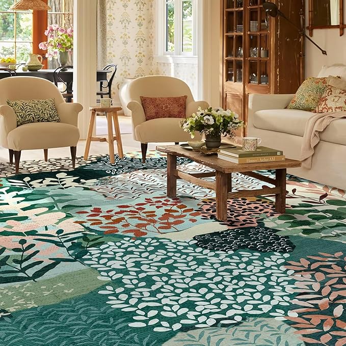DEXDE Large Area Rugs 9x12 for Living Room, Floral Washable Rug Boho Print Vintage Low Pile Non Slip Carpet for Bedroom Kids Room Nursery Office Dinning Room, Dark Green