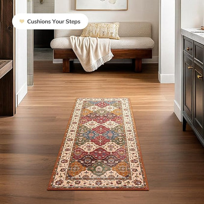 Lessymo Hallway Runner Rug, 2x5 Washable Runner Rugs for Entryway Kitchen Bathroom Corridor - Faux Wool Non-Slip Indoor Door Mat Low Plie Stain Resistant Boho Rug Moroccan, Classic Red and Cream