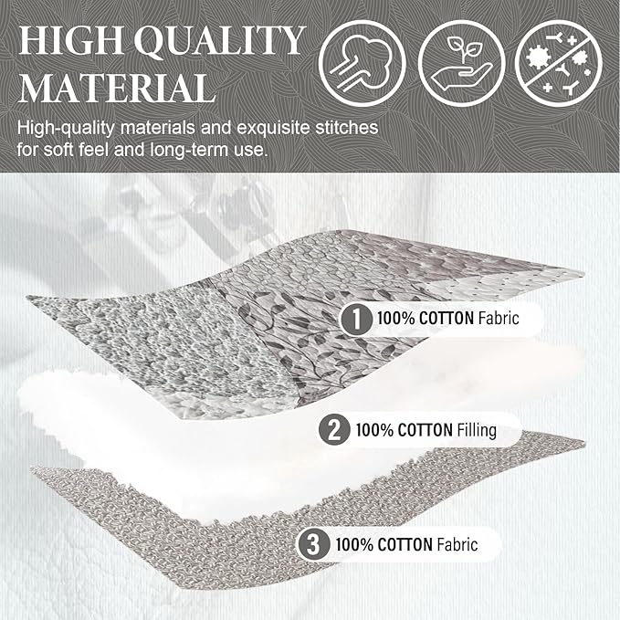 SahSahCasa 100% Cotton 102"x120" Oversized Queen Quilt Bedspread - Quilted Extra Large Comforter Lightweight Bedding Set, XL Plaid Patchwork Wide Bed Spread Coverlet, 3pcs, Taupe Gray