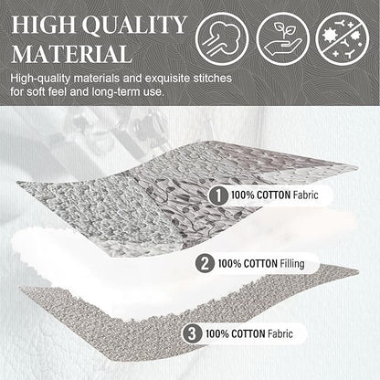 SahSahCasa 100% Cotton 102"x120" Oversized Queen Quilt Bedspread - Quilted Extra Large Comforter Lightweight Bedding Set, XL Plaid Patchwork Wide Bed Spread Coverlet, 3pcs, Taupe Gray
