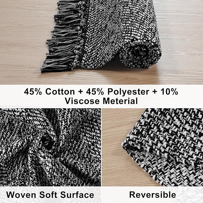 Collive Washable Area Rug 3' x 5', Modern Woven Kitchen Rugs, Black/Cream Braided Cotton Rug Indoor Door Mat Throw Carpet for Entryway Living Room Nursery Mudroom Laundry Room