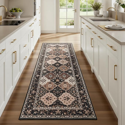 Lessymo Washable Hallway Rugs, 2.6x8 Moroccan Runner Rug with Rubber Backing Non Slip, Vintage Long Rug Carpet for Bedroom Laundry Room Entryway, Taupe and Beige