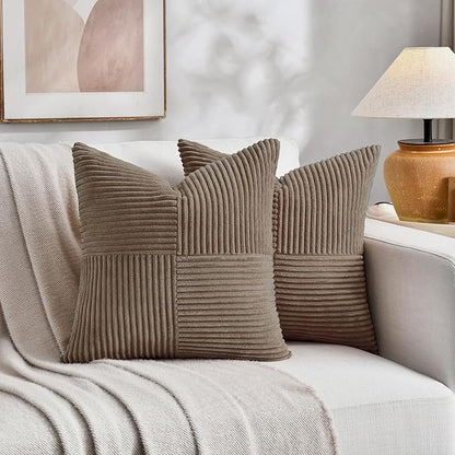 Fancy Homi Set of 2, Light Brown Patchwork Corduroy Decorative Soft Striped Modern Accent Cushion Case Farmhouse Boho Neutral Throw Pillow Covers for Chair Couch Bed Sofa Living Room 12x12 Inch