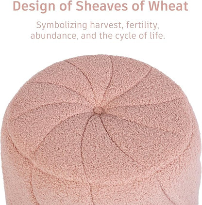 Modern Round Ottoman, Spiral-Tufted Foot Stool Ottoman, Teddy Fleece Upholstered Vanity Stool for Makeup, Bedroom, Living Room, Pink