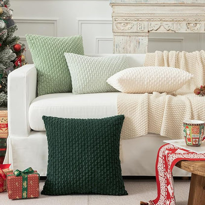 Kevin Textile Christmas Decorative Pillow Covers Set of 2 Striped Plush Corduroy Pillows Pillowcases Boho Home Decor Cushion Covers for Couch Sofa Bed Living Room 26x26 Inch, Army Green
