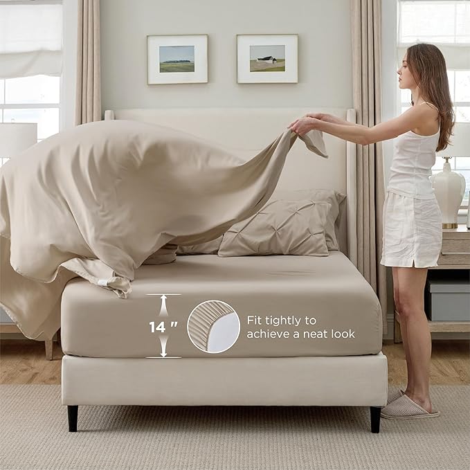 Bedsure Oversized Queen Comforter Set Beige - Bed in a Bag Bedding Set 7 Pieces, GentleSoft™ Pintuck Bed Set Gift for Family, Pinch Pleat All Season Comforter with Sheets, Pillowcases & Shams