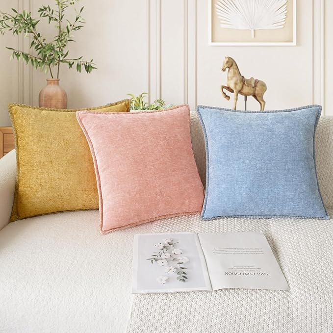 CaliTime Throw Pillow Covers Decorative 26 X 26 Inches Pack of 2 Cotton Thread Stitching Edges Solid Dyed Soft Chenille Cushion Cases for Couch Sofa Bed Living Room Farmhouse Baby Blue