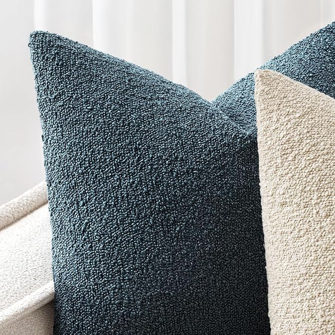 Woaboy Pack of 2 18x18 Inch Decorative Boucle Throw Pillow Covers Textured Square Pillowcaes Accent Solid Cozy Soft Cushion Covers Home Decor for Sofa Couch Living Room Home Decor,Dark Blue