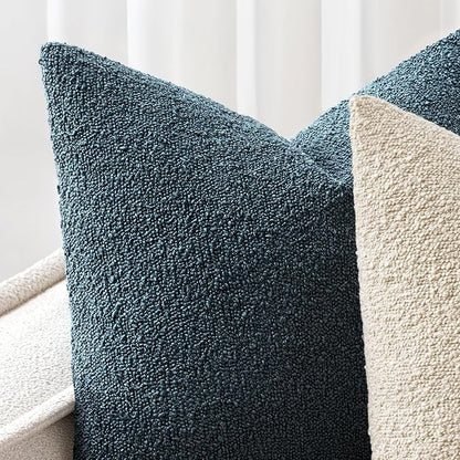 Woaboy Pack of 2 18x18 Inch Decorative Boucle Throw Pillow Covers Textured Square Pillowcaes Accent Solid Cozy Soft Cushion Covers Home Decor for Sofa Couch Living Room Home Decor,Dark Blue