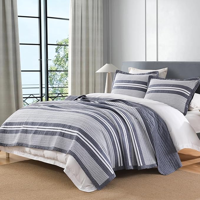 100% Cotton Quilt Set King Size, King Quilt Bedding Set, Waffle Texture Quilt Bedspread for King Bed, Striped Reversible Bed Spread Lightweight Comforter, 3Pcs, Slate Gray