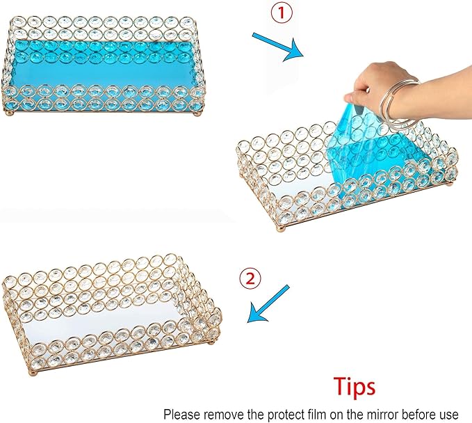 Feyarl 10 Inch Crystal Cosmetic Perfume Tray Vanity Makeup Jewelry Trinket Organizer Mirrored Decorative Tray Storage Home Deco Wedding Dresser Birthday Gift (Gold)