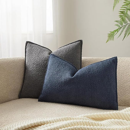 JUSPURBET 12x20 Pillow Covers Set of 2 Decorative Throw Pillow Covers Case for Couch Sofa Bed Soft Boucle Textured Lumbar Cushion Covers with Hidden Zipper for Home Decor Living Room,Navy Blue