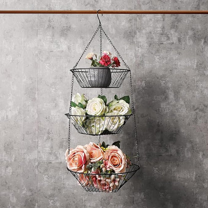 3-Tier Wire Fruit Hanging Basket 2 Packs,non-Punching Wall Hanging Storage,Kitchen Bathroom Organization Basket,Suitable for Bathroom,Kitchen,Closet,Garden,Black