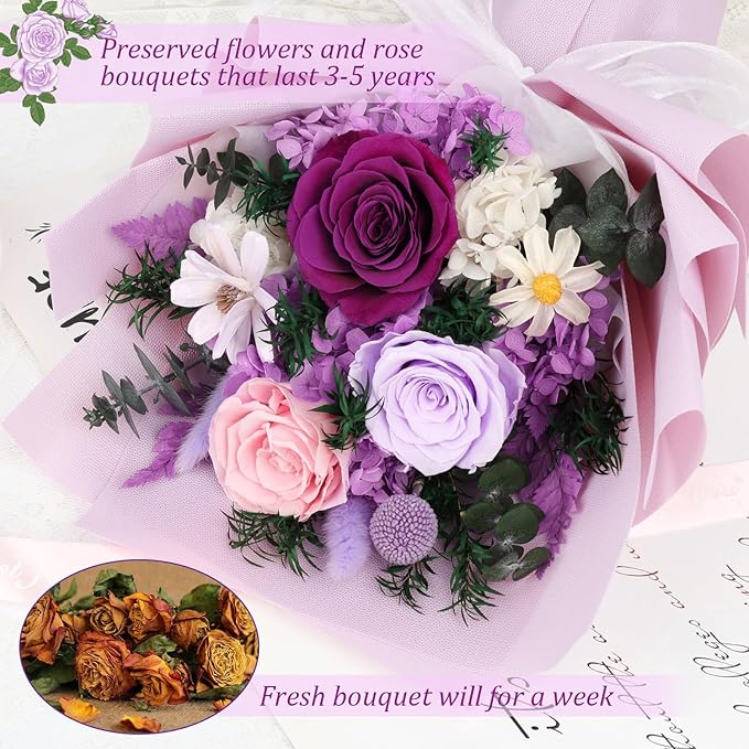 Flowers for Delivery Preserved Flowers with Vase That Last 3-5 Years Real Forever Flowers Purple Rose Bouquet for Mom Birthday Thanksgiving Christmas Gift for Women Grandma Wife Friends Her