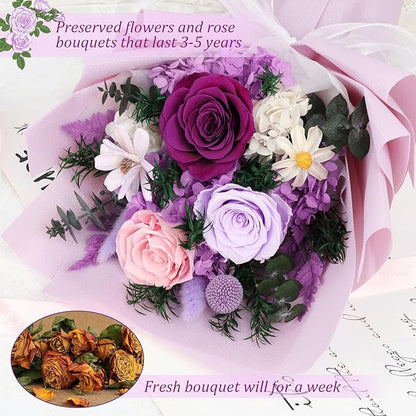 Flowers for Delivery Preserved Flowers with Vase That Last 3-5 Years Real Forever Flowers Purple Rose Bouquet for Mom Birthday Thanksgiving Christmas Gift for Women Grandma Wife Friends Her
