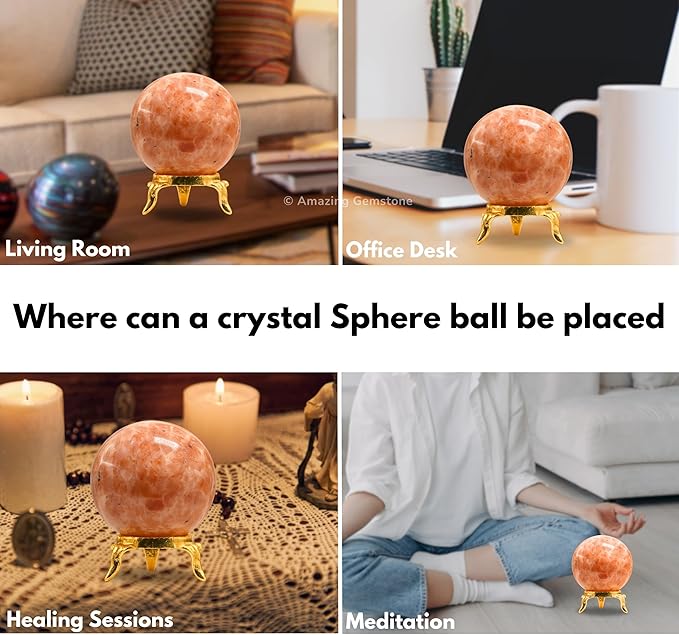 Amazing Gemstone Sunstone Crystal Ball with Stand - 1.5 Inches Crystal Sphere Meditation Balls for Witchcraft and Decorative Balls