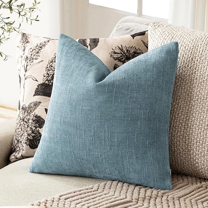 Foindtower Pack of 2 Textured Chenille Throw Decorative Pillow Covers Square Accent Solid Cushion Cover Neutral Farmhouse Pillow Case for Couch Sofa Bedroom Living Room 18x18 Inch,Light Blue