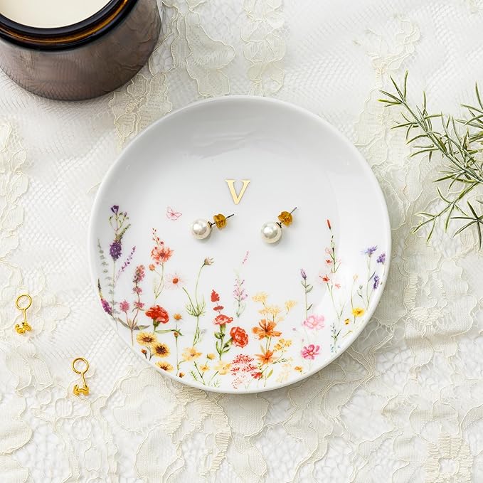 Crisky Initial Jewelry Tray Ring Dish & Gift Box, Ceramic Flower Trinket Dish for Rings Earrings Necklaces Keys, Bridal Shower Engagement Birthday Gift for Women, Friends 4.57" (Gold Foil V