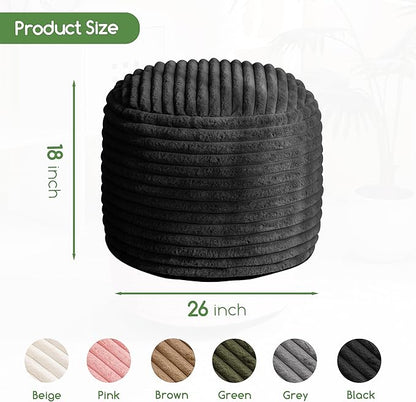 HIGOGOGO Round Stuffed Pouf Ottoman, Stripe Faux Fur Poufs with Foam Chunk Filling, Furry and Fluffy Pouf Foot Stool Storage Ottoman, 26 X 18 Floor Poufs Foot Rest for Living Room, Black