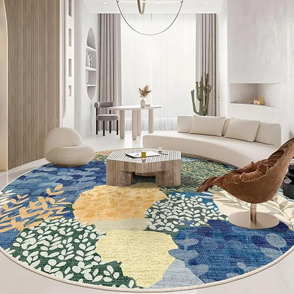 DEXDE Large Round Rug 9ft Washable Circle Area Rugs Non Slip Low Pile Boho Floral Circular Carpet for Bedroom Bathroom Entryway Kids Room Office Dining Room,Blue