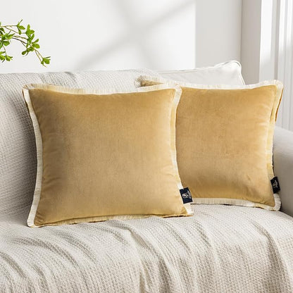 Phantoscope Pack of 2 Velvet Decorative Throw Pillow Covers, Double-Sided Tassel Trimmed Design, Soft Luxury Velvet Pillows Square Cushion Case for Couch Sofa Bed, Beige, 18 x 18 inches 45 x 45 cm